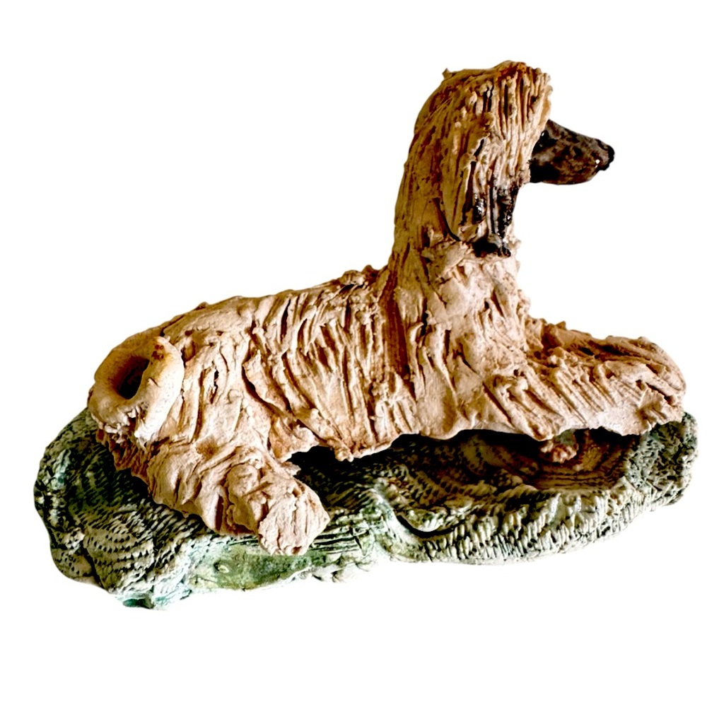 2 Piece Handmade Ceramic Afghan Hound Dog Sculpture  6x6” Laying On Grass Base